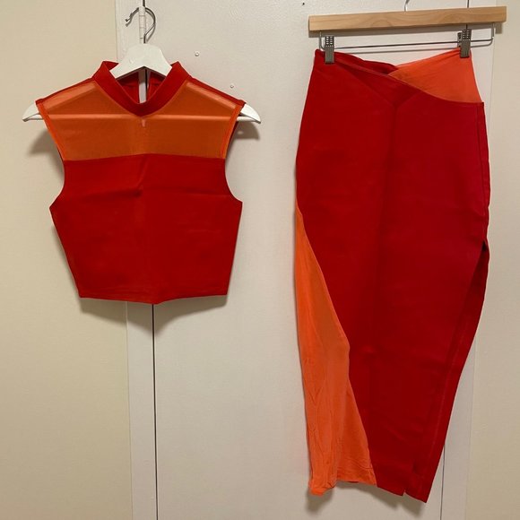 STAUD Fiery Red and Orange Color Block Russo Pencil Skirt - Picture 3 of 4